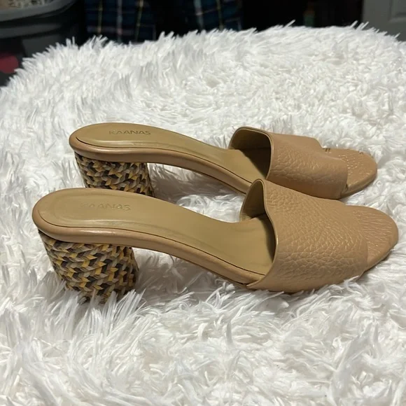 Kaanas Tobago Tan Leather Multicolor Braid Wrapped Block Heel Slides Sandals 8 - Picture 3 of 9